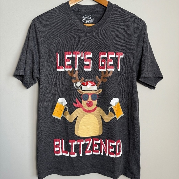 Gurilla Biscuit Other - Ugly Christmas T-Shirt "Let's get Blitzened"‎ Short Sleeve Gray Size Medium